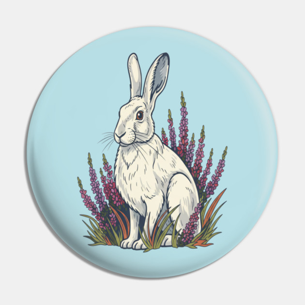 Mountain Hare with Pale Heather Blooms Pin by BirdsnStuff