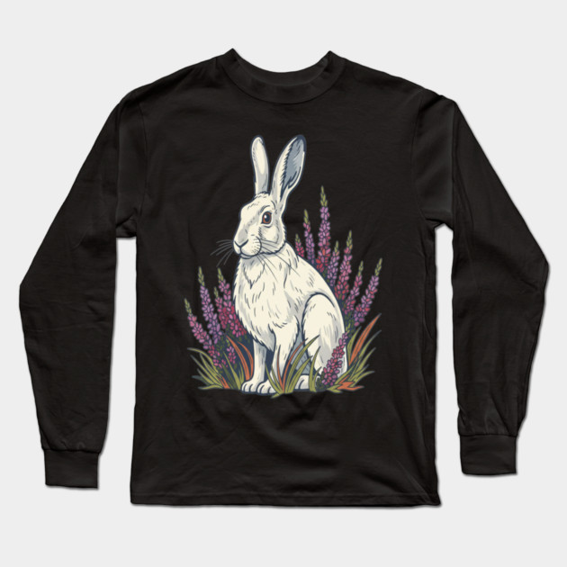 Mountain Hare with Pale Heather Blooms Long Sleeve T-Shirt by BirdsnStuff