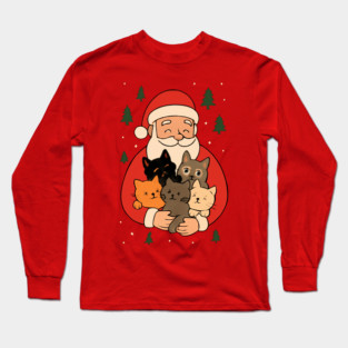 Santa Claus Hugging Four Cats with Christmas Cheer Long Sleeve T-Shirt