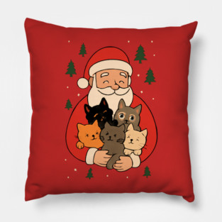 Santa Claus Hugging Four Cats with Christmas Cheer Pillow