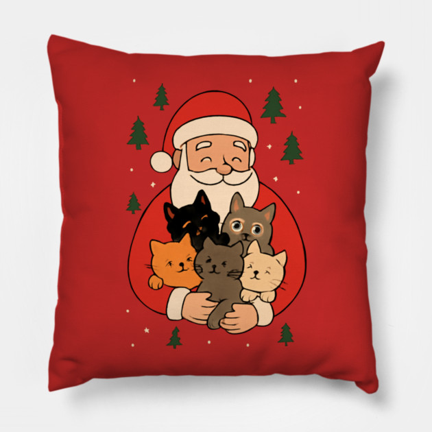 Santa Claus Hugging Four Cats with Christmas Cheer Pillow by Creatifly Graphic Tees