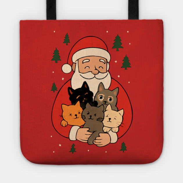 Santa Claus Hugging Four Cats with Christmas Cheer Tote by Creatifly Graphic Tees