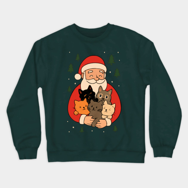 Santa Claus Hugging Four Cats with Christmas Cheer Crewneck Sweatshirt by Creatifly Graphic Tees