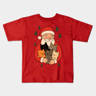 Santa Claus Hugging Four Cats with Christmas Cheer Kids T-Shirt