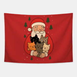 Santa Claus Hugging Four Cats with Christmas Cheer Tapestry