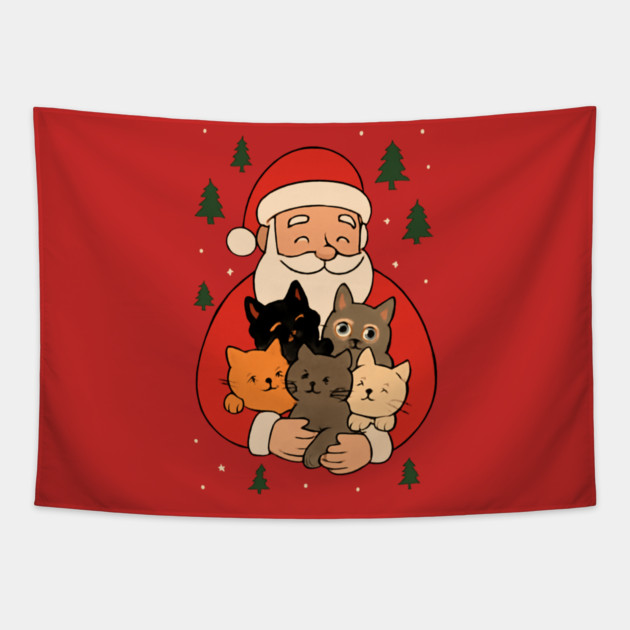 Santa Claus Hugging Four Cats with Christmas Cheer Tapestry by Creatifly Graphic Tees