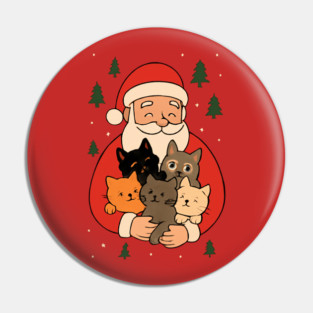Santa Claus Hugging Four Cats with Christmas Cheer Pin