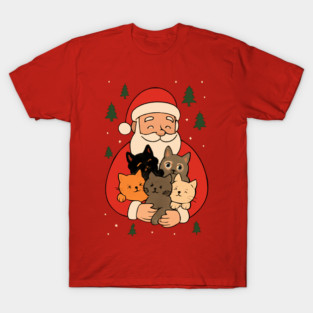 Santa Claus Hugging Four Cats with Christmas Cheer T-Shirt