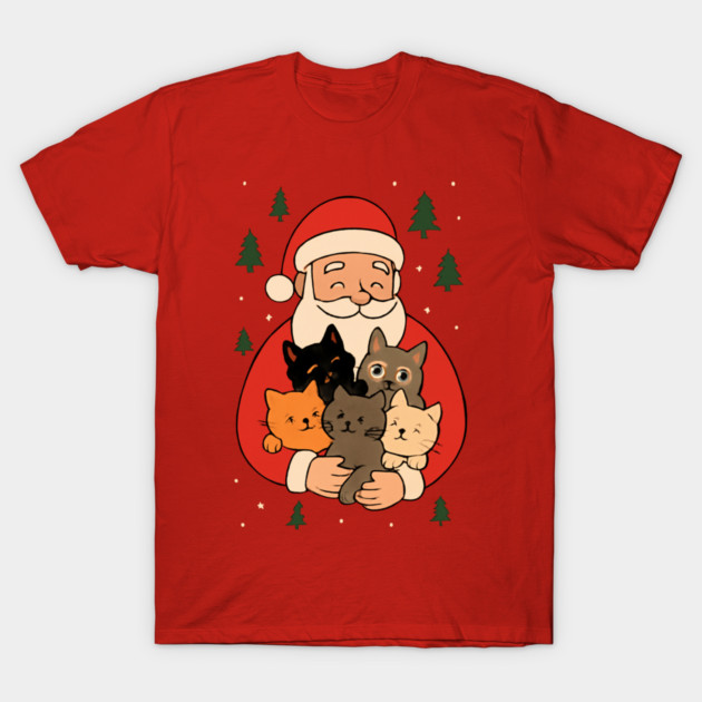Santa Claus Hugging Four Cats with Christmas Cheer T-Shirt by Creatifly Graphic Tees