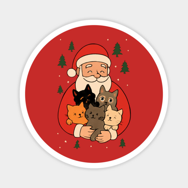 Santa Claus Hugging Four Cats with Christmas Cheer Magnet by Creatifly Graphic Tees