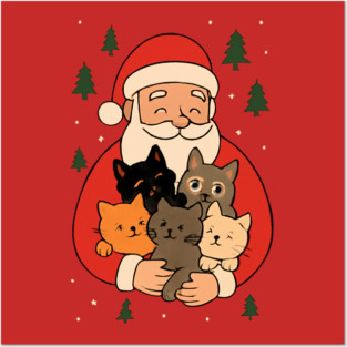 Santa Claus Hugging Four Cats with Christmas Cheer Posters and Art