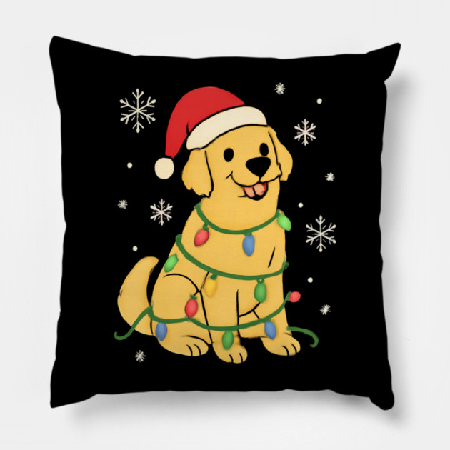 Golden Retriever with Santa Hat and Christmas Lights Pillow by Creatifly Graphic Tees
