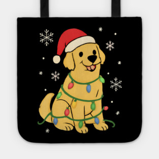 Golden Retriever with Santa Hat and Christmas Lights Tote