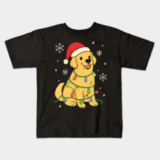 Golden Retriever with Santa Hat and Christmas Lights Kids T-Shirt