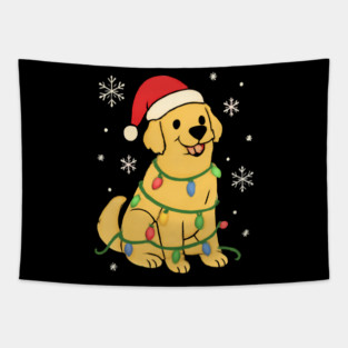 Golden Retriever with Santa Hat and Christmas Lights Tapestry
