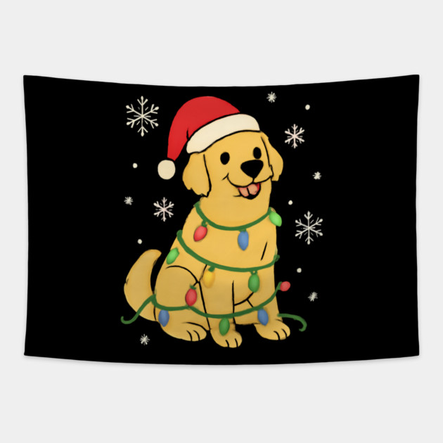 Golden Retriever with Santa Hat and Christmas Lights Tapestry by Creatifly Graphic Tees