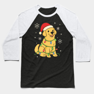 Golden Retriever with Santa Hat and Christmas Lights Baseball T-Shirt