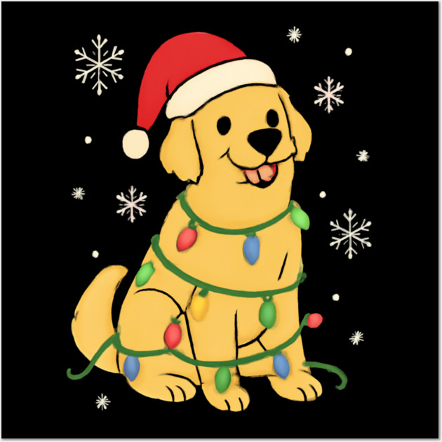 Golden Retriever with Santa Hat and Christmas Lights Wall Art by Creatifly Graphic Tees
