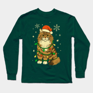 Maine Coon Christmas Cat with Santa Hat and Lights Long Sleeve T-Shirt