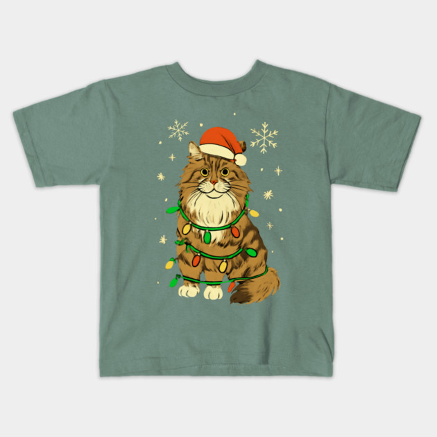 Maine Coon Christmas Cat with Santa Hat and Lights Kids T-Shirt by Creatifly Graphic Tees