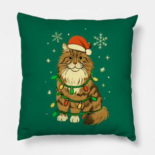 Maine Coon Christmas Cat with Santa Hat and Lights Pillow