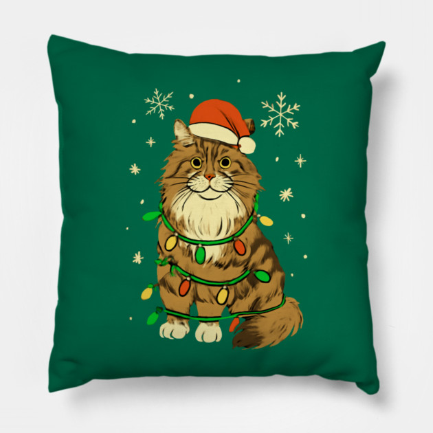 Maine Coon Christmas Cat with Santa Hat and Lights Pillow by Creatifly Graphic Tees
