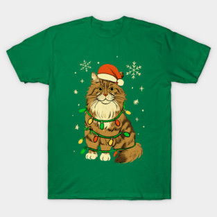 Maine Coon Christmas Cat with Santa Hat and Lights T-Shirt