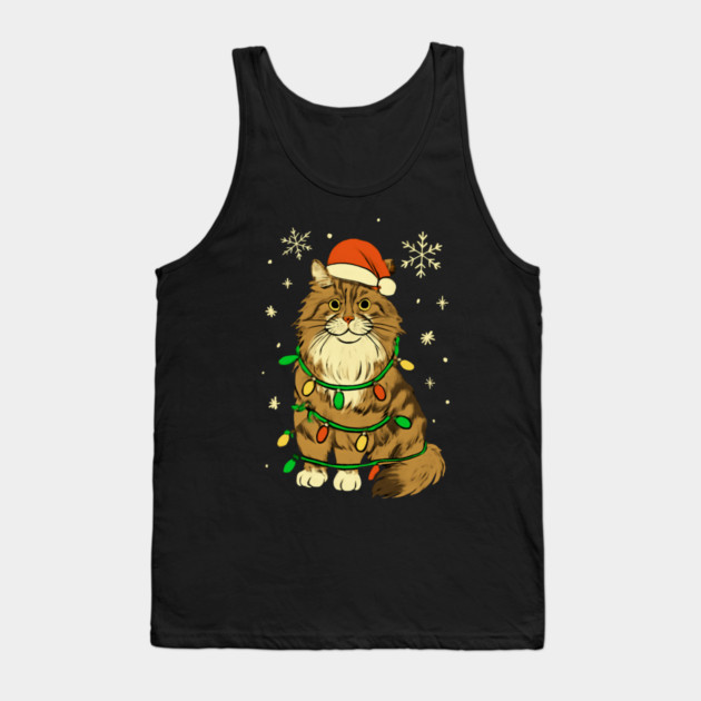 Maine Coon Christmas Cat with Santa Hat and Lights Tank Top by Creatifly Graphic Tees