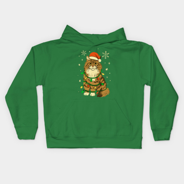Maine Coon Christmas Cat with Santa Hat and Lights Kids Hoodie by Creatifly Graphic Tees