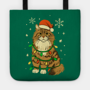 Maine Coon Christmas Cat with Santa Hat and Lights Tote