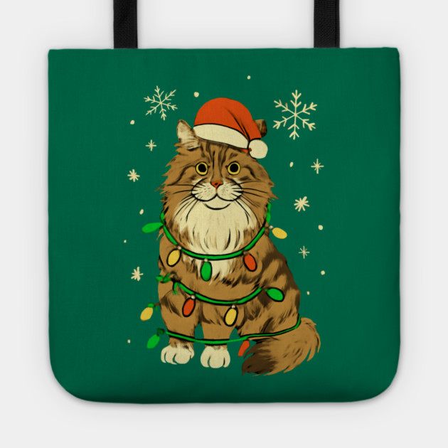 Maine Coon Christmas Cat with Santa Hat and Lights Tote by Creatifly Graphic Tees