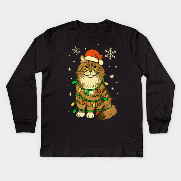 Maine Coon Christmas Cat with Santa Hat and Lights Kids Long Sleeve T-Shirt by Creatifly Graphic Tees