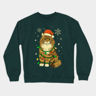 Maine Coon Christmas Cat with Santa Hat and Lights Crewneck Sweatshirt