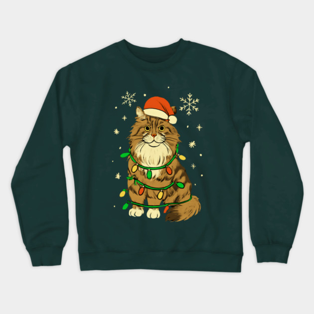 Maine Coon Christmas Cat with Santa Hat and Lights Crewneck Sweatshirt by Creatifly Graphic Tees