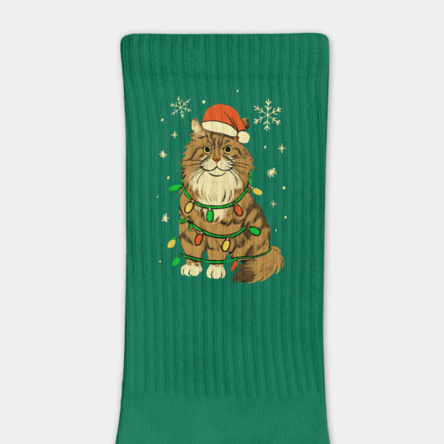 Maine Coon Christmas Cat with Santa Hat and Lights by Creatifly Graphic Tees