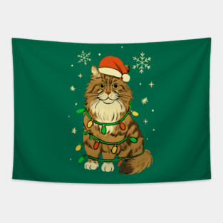 Maine Coon Christmas Cat with Santa Hat and Lights Tapestry