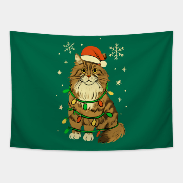 Maine Coon Christmas Cat with Santa Hat and Lights Tapestry by Creatifly Graphic Tees