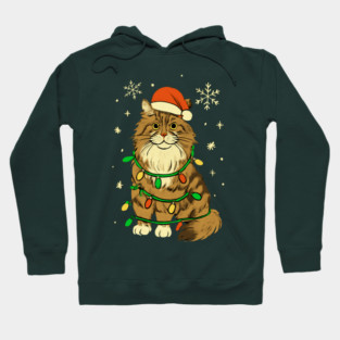 Maine Coon Christmas Cat with Santa Hat and Lights Hoodie