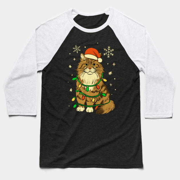 Maine Coon Christmas Cat with Santa Hat and Lights Baseball T-Shirt by Creatifly Graphic Tees
