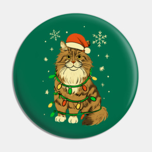 Maine Coon Christmas Cat with Santa Hat and Lights Pin