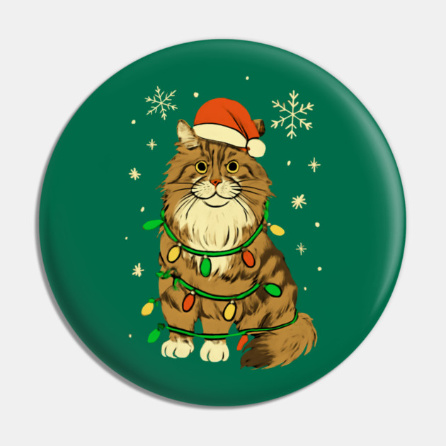 Maine Coon Christmas Cat with Santa Hat and Lights Pin by Creatifly Graphic Tees