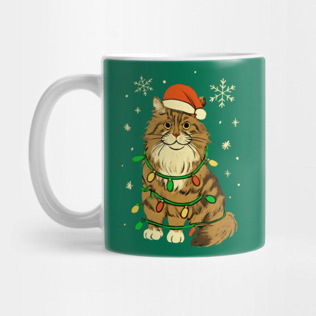 Maine Coon Christmas Cat with Santa Hat and Lights by Creatifly Graphic Tees