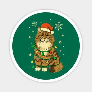 Maine Coon Christmas Cat with Santa Hat and Lights Magnet