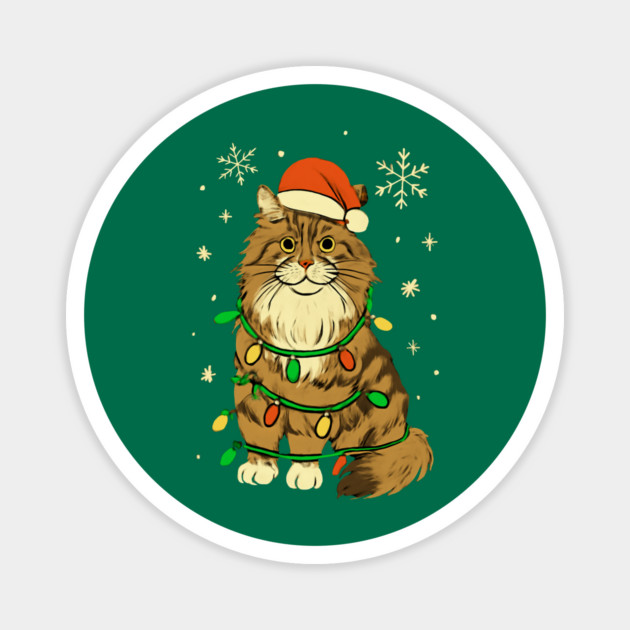 Maine Coon Christmas Cat with Santa Hat and Lights Magnet by Creatifly Graphic Tees