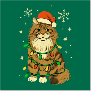 Maine Coon Christmas Cat with Santa Hat and Lights Posters and Art