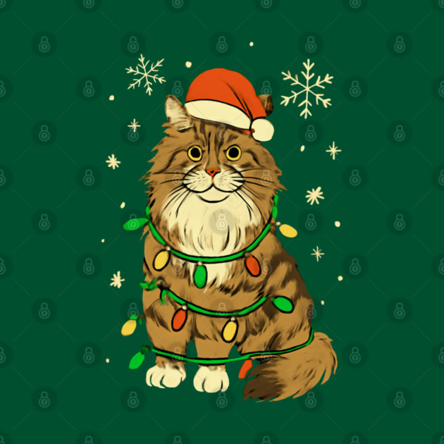 Maine Coon Christmas Cat with Santa Hat and Lights by Creatifly Graphic Tees