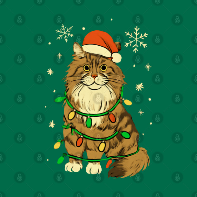 Maine Coon Christmas Cat with Santa Hat and Lights by Creatifly Graphic Tees
