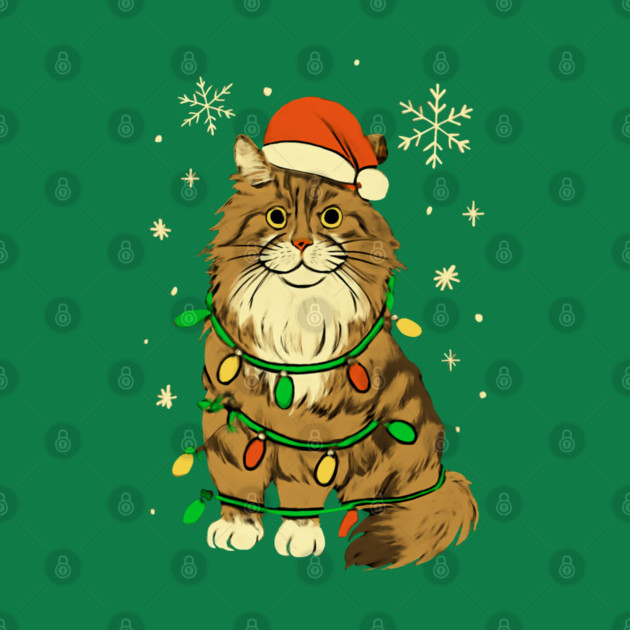 Maine Coon Christmas Cat with Santa Hat and Lights by Creatifly Graphic Tees