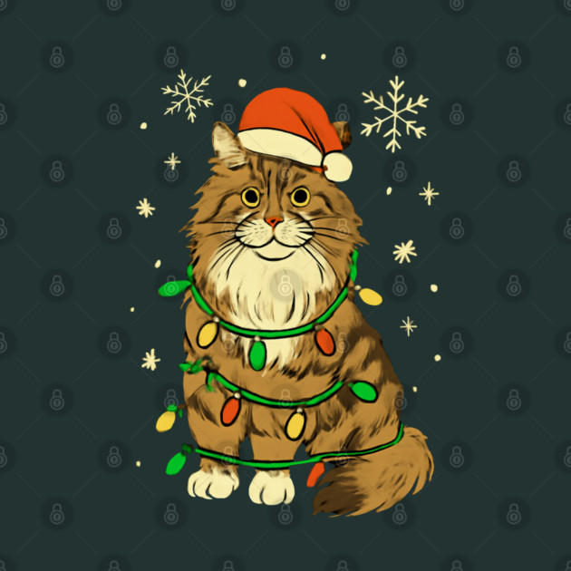 Maine Coon Christmas Cat with Santa Hat and Lights by Creatifly Graphic Tees