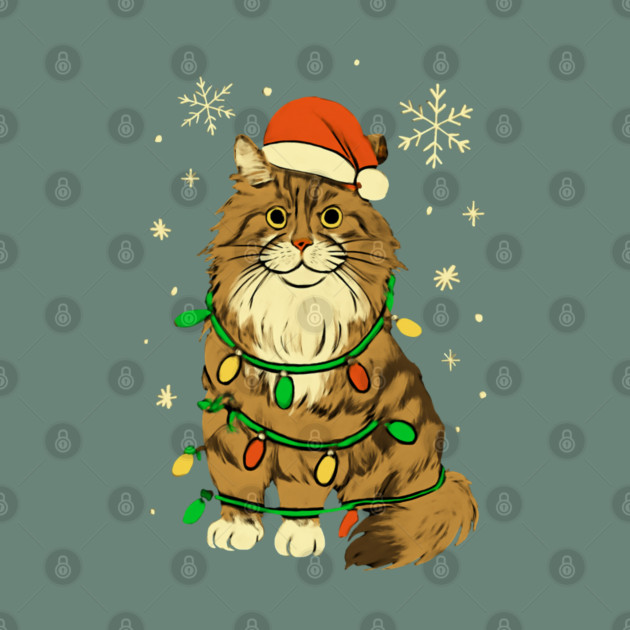 Maine Coon Christmas Cat with Santa Hat and Lights by Creatifly Graphic Tees
